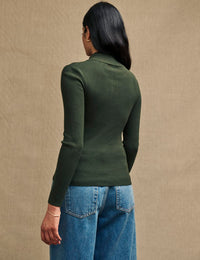 Khaki Green Button-Up Funnel Neck Rib Knit Top