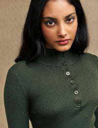 Khaki Green Button-Up Funnel Neck Rib Knit Top