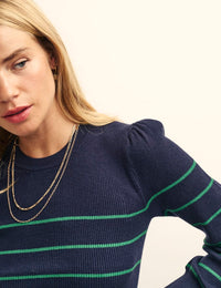 Navy and Green Rib Long Sleeve Knitted Top