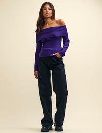 Purple Bardot Rib Knit Top