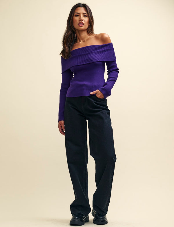 Purple Bardot Rib Knit Top