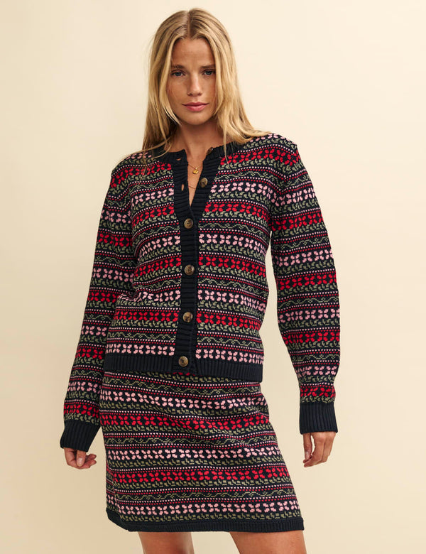 Pink and Red Jacquard Knitted Cardigan