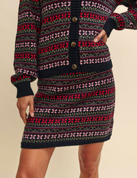 Pink and Red Jacquard Knitted Mini Skirt