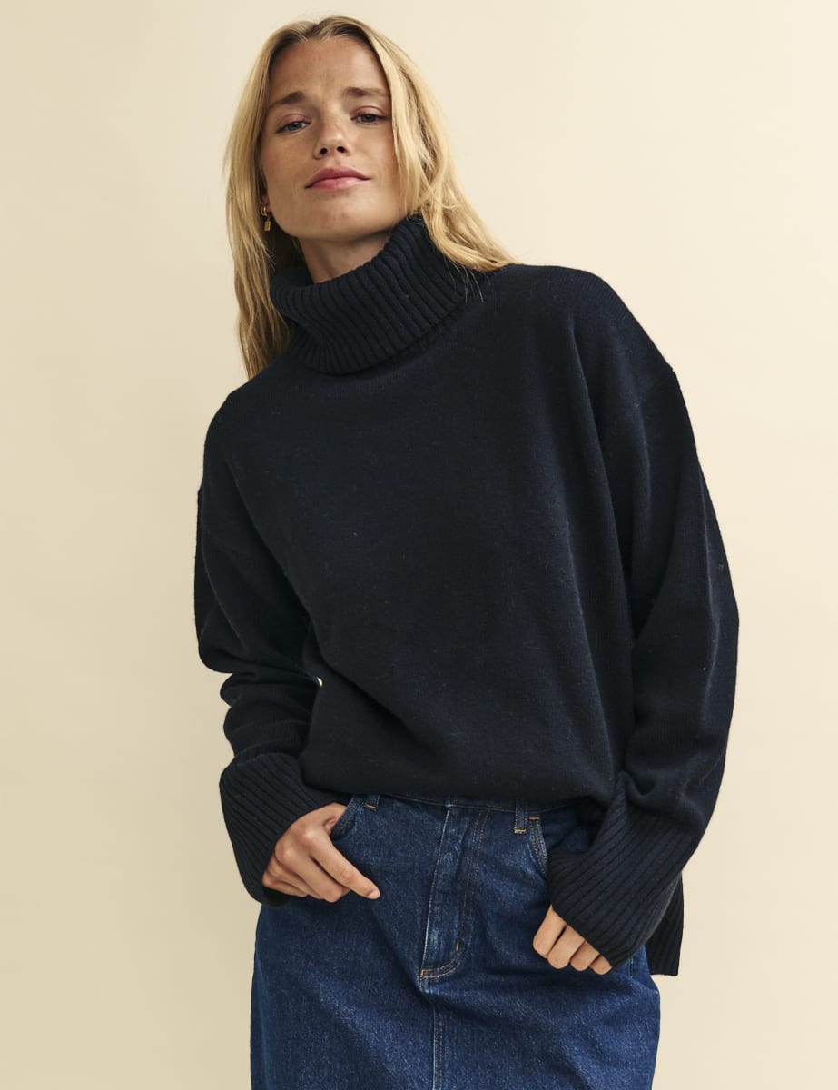 Roll Neck Jumper Black Cowl Jumper Black Oversized Roll Neck