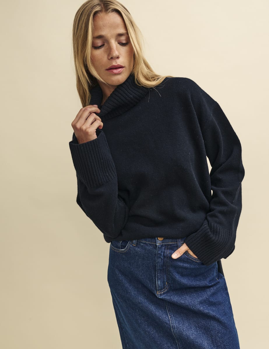 Black Oversized Roll Neck Wool Jumper