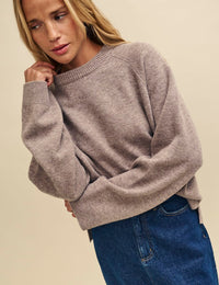Beige Crew Neck Oversized Merino Wool Jumper