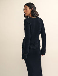 Black Mock-Crochet Tie Front Cardigan