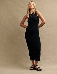 Black Mock-Crochet Chevron Racer Midi Dress