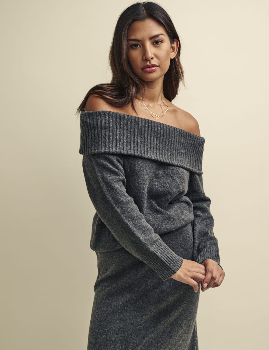 Grey Knitted Bardot Jumper - Main Image
