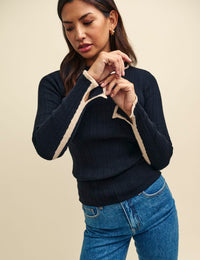 Black Wool-Blend Contrast Trim Ribbed Crew Neck Top