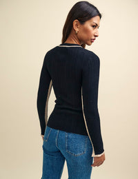 Black Wool-Blend Contrast Trim Ribbed Crew Neck Top