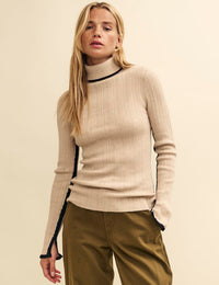 Cream Wool-Blend Contrast Trim Ribbed Roll Neck Top