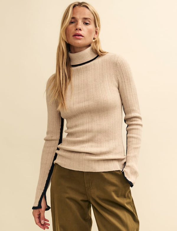 Cream Wool-Blend Contrast Trim Ribbed Roll Neck Top