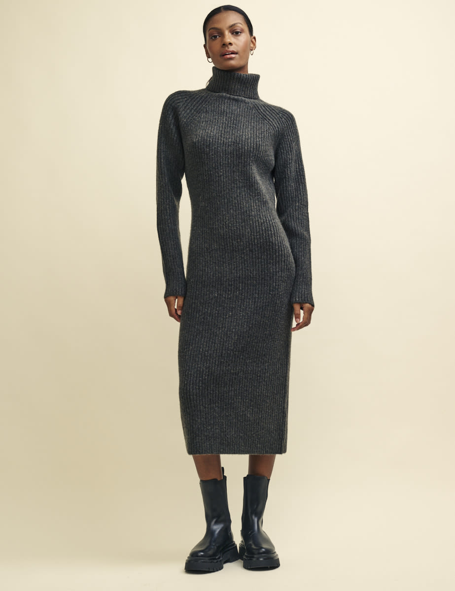 Charcoal Grey Roll Neck Knitted Midi Dress - Main Image