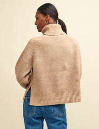Camel Roll Neck Chunky Knitted Jumper