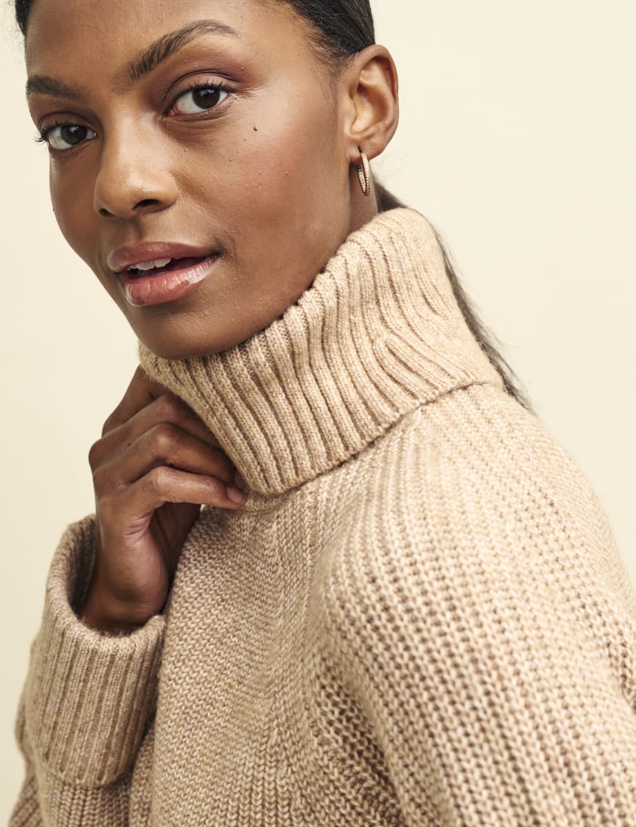Camel Roll Neck Chunky Knitted Jumper - Main Image