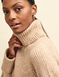 Camel Roll Neck Chunky Knitted Jumper