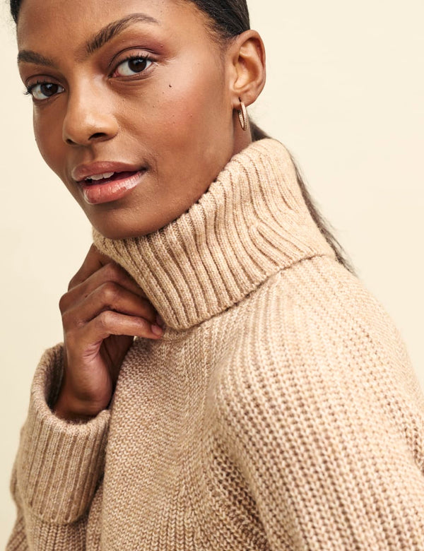 Camel Roll Neck Chunky Knitted Jumper