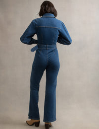 Blue Denim Balloon Sleeve Belted Olympia Jumpsuit