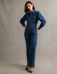 Blue Denim Balloon Sleeve Belted Olympia Jumpsuit