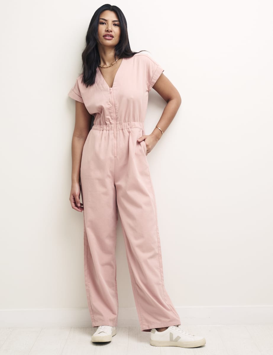 Pink V-Neck Zip Front Cosmos Jumpsuit - Main Image