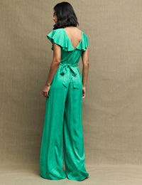 Green Satin Jacquard Flutter Sleeve Suki Jumpsuit