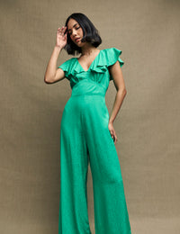 Green Satin Jacquard Flutter Sleeve Suki Jumpsuit