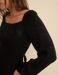 Black Satin Jacquard Balloon Sleeve Jumpsuit