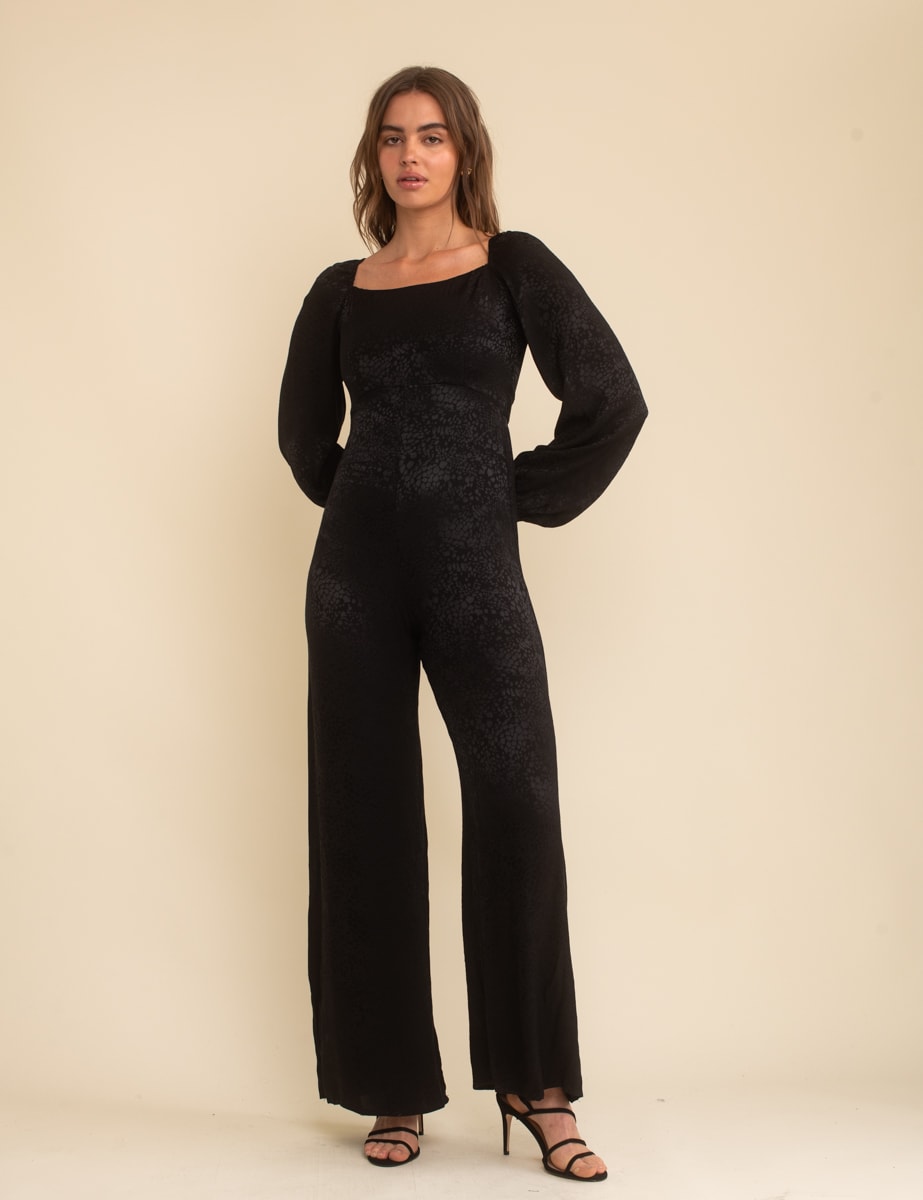 Black Satin Jacquard Balloon Sleeve Jumpsuit - Main Image