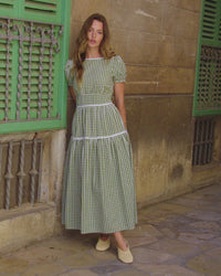 Green Gingham Lace Trim Dara Midi Dress