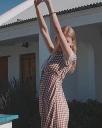 Brown Gingham Lace Trim Aida Midi Dress