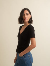 Black Short Sleeve Button Through Top