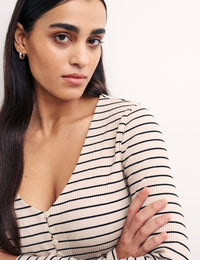 Cream Stripe Long Sleeve Button Through Top