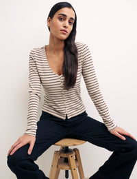 Cream Stripe Long Sleeve Button Through Top