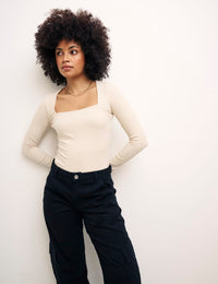 Cream Long Sleeve Square Neck Top