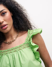 Green Mock-Crochet Trim Frill Sleeve Top