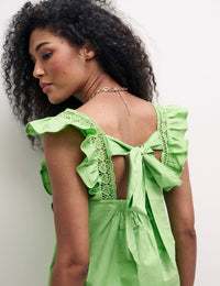 Green Mock-Crochet Trim Frill Sleeve Top