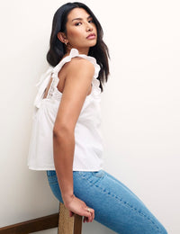 White Mock-Crochet Trim Frill Sleeve Top