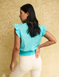 Blue Tie Neck Frill Sleeve Blouse