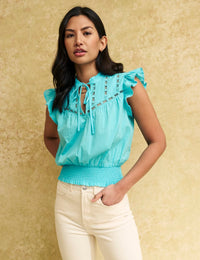 Blue Tie Neck Frill Sleeve Blouse