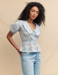 Blue Broderie Collar Blouse