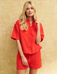 Red Button Up Cotton Short Sleeve Shirt