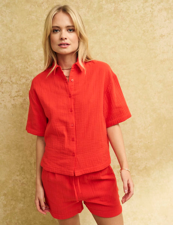 Red Button Up Cotton Short Sleeve Shirt