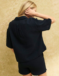 Black Button Up Cotton Short Sleeve Shirt