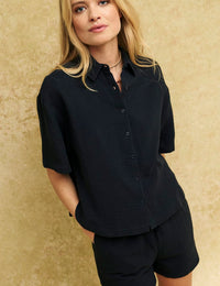 Black Button Up Cotton Short Sleeve Shirt