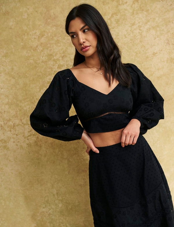 Black Cropped Broderie Balloon Sleeve Top