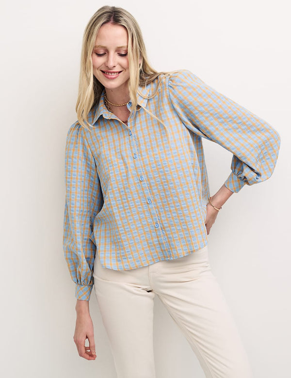 Blue & Orange Check Puff Sleeve Shirt