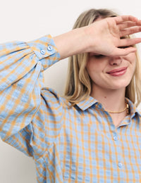 Blue & Orange Check Puff Sleeve Shirt