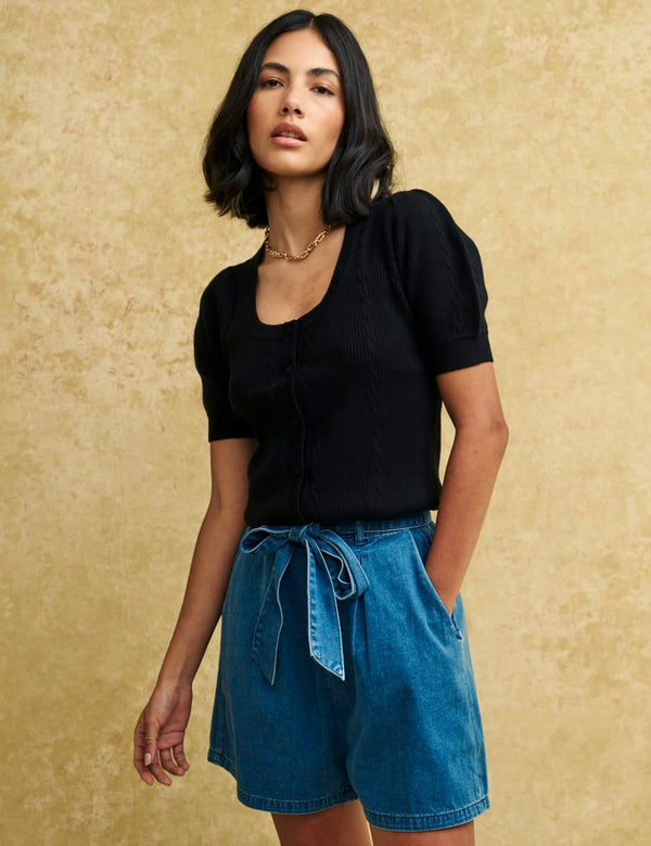 Black Cable Knit Short Sleeve Cardigan