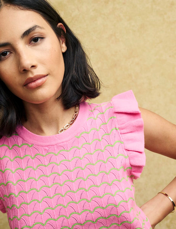 Pink Ruffle Shoulder Knitted Tank Top